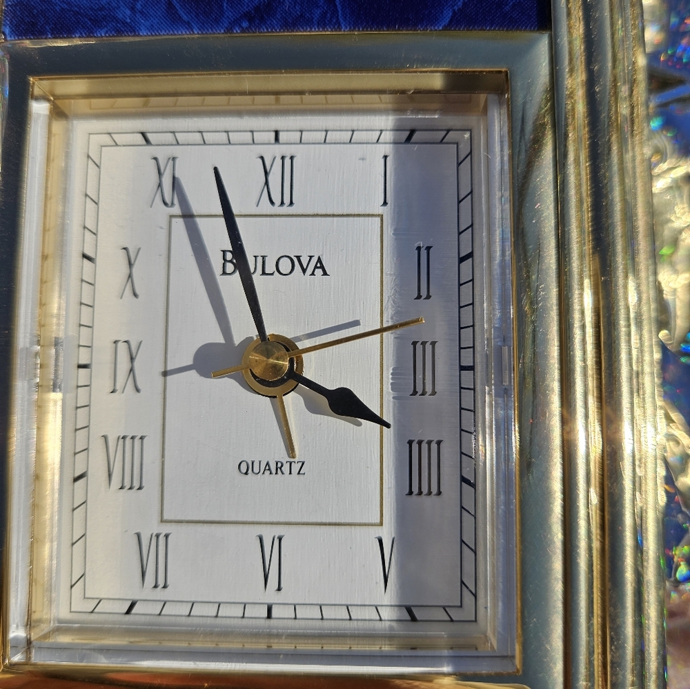 BULOVA Quartz  Clock Blue Gold Mantel  Shelf Clock Brass RARE Vintage Alarm - Picture 8 of 12